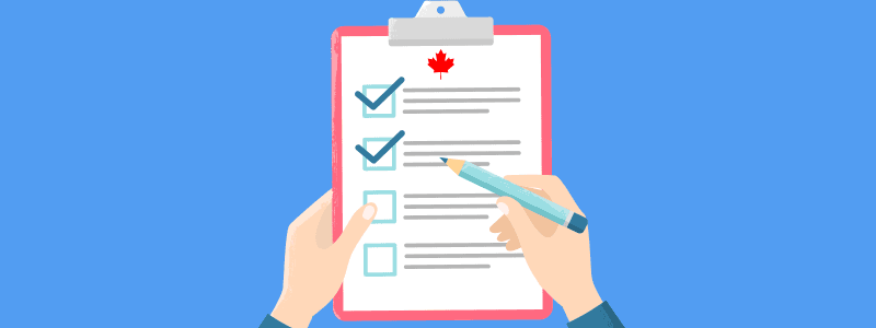 Hands holding a clipboard checklist with blue checkmarks and a red maple leaf at the top.