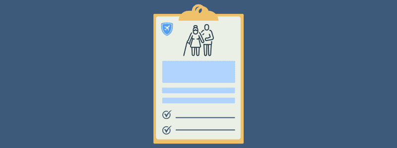 Illustration of a clipboard checklist with a caregiver and senior icon, representing medical insurance for caregivers in Canada