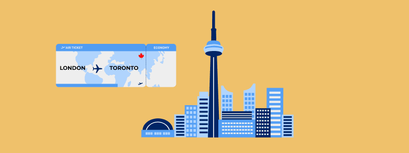 Toronto skyline with a boarding pass showing a flight from London to Toronto.