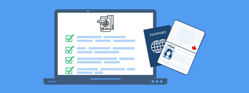Laptop showing a Super Visa checklist beside a Canadian passport and visa.