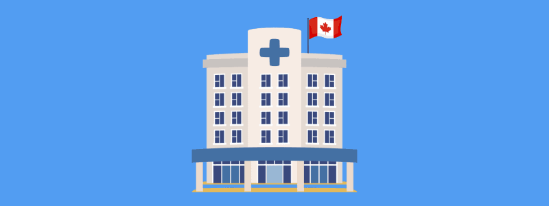 Canadian hospital with a flag on the roof—guide for IEC MedEC policyholders on accessing medical care in Canada, including Maple telehealth and claims.