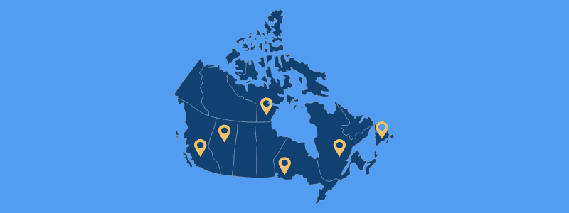 Map of Canada with six location pins marking top summer destinations.