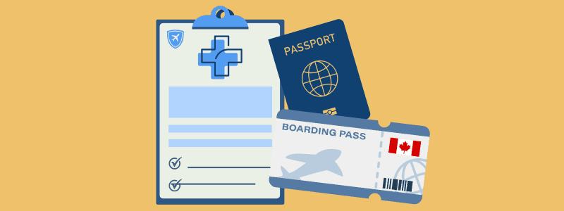 Travel insurance application for pre-existing conditions beside a Canadian passport and boarding pass.